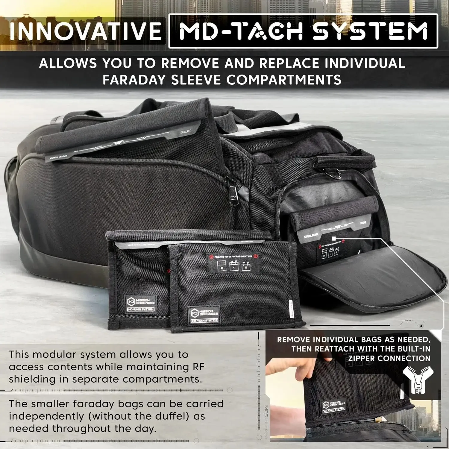 Disconnect Faraday Duffel Bag   4 Detachable Faraday Pockets // Military-Grade RF Shielding