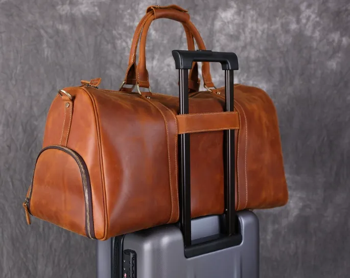 Full Grain Leather Duffle Bag with shoe Compartment Duffle Bag With Trolley Sleeve