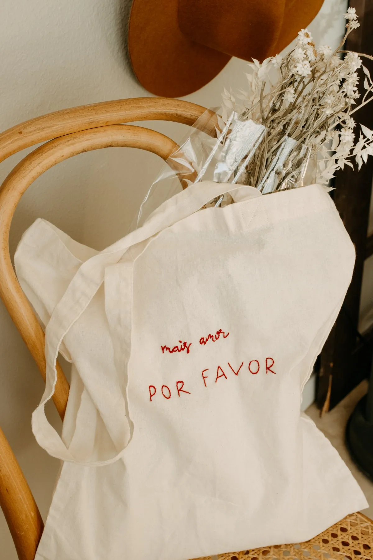 Hand embroidered, plant dyed tote bag