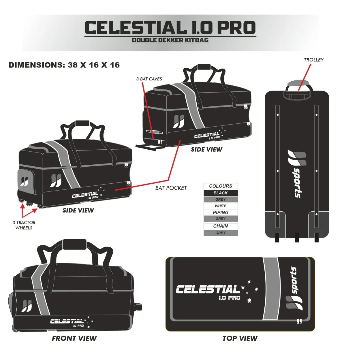 JJ Sports Celestial Pro 1.0 Cricket Kit Bag Wheelie