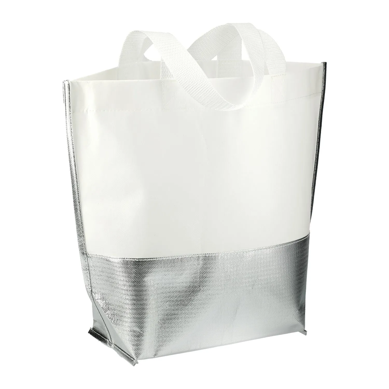 Large Laminated Metallic Bottom Tote - White/Silver