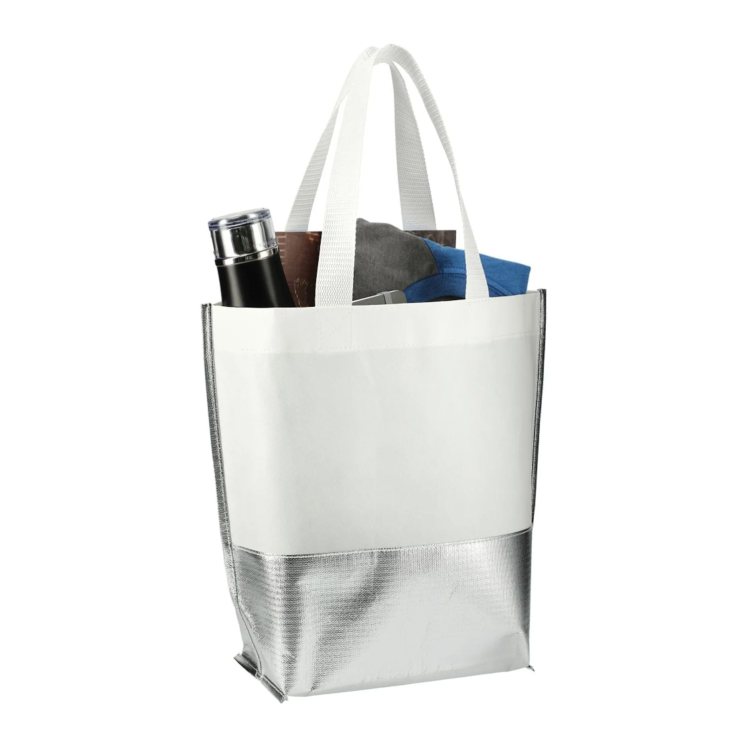 Large Laminated Metallic Bottom Tote - White/Silver