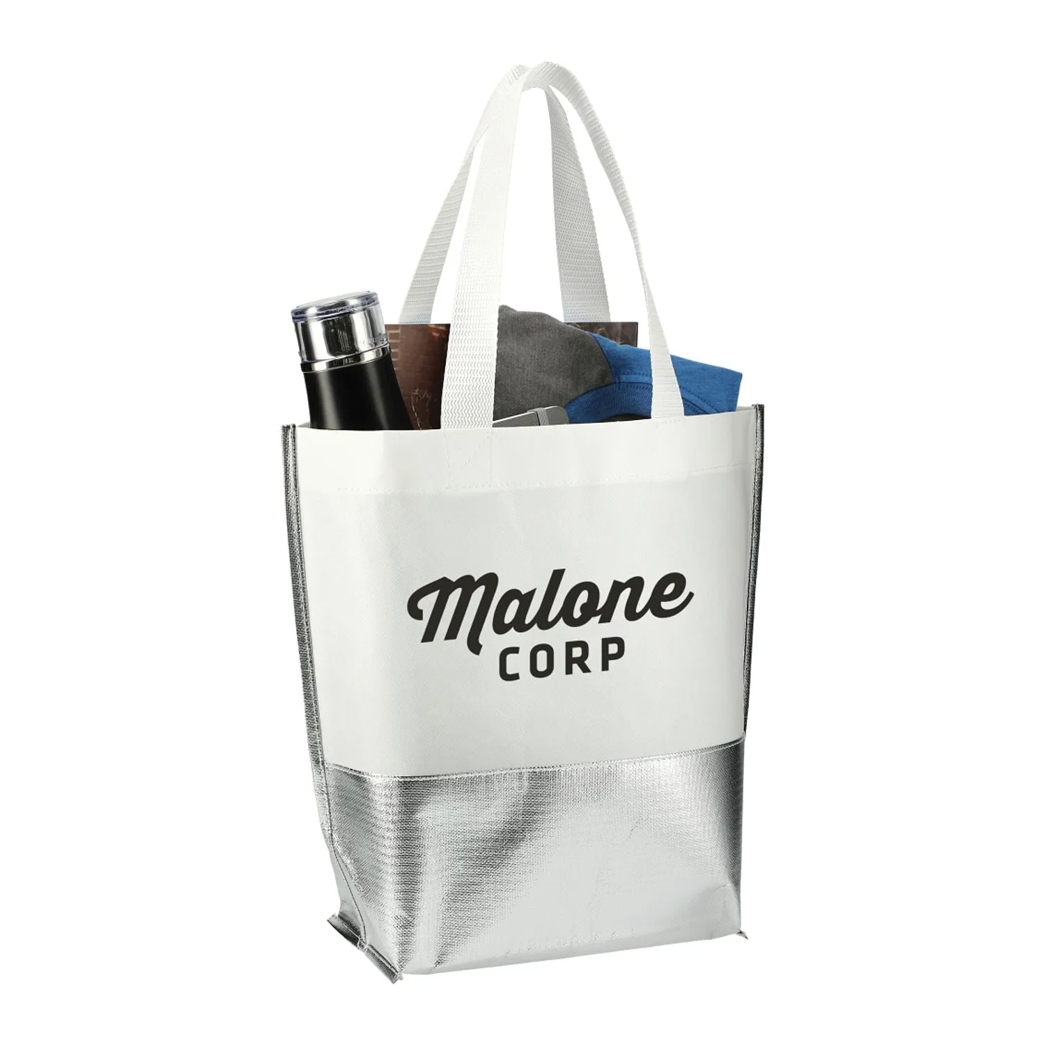 Large Laminated Metallic Bottom Tote - White/Silver