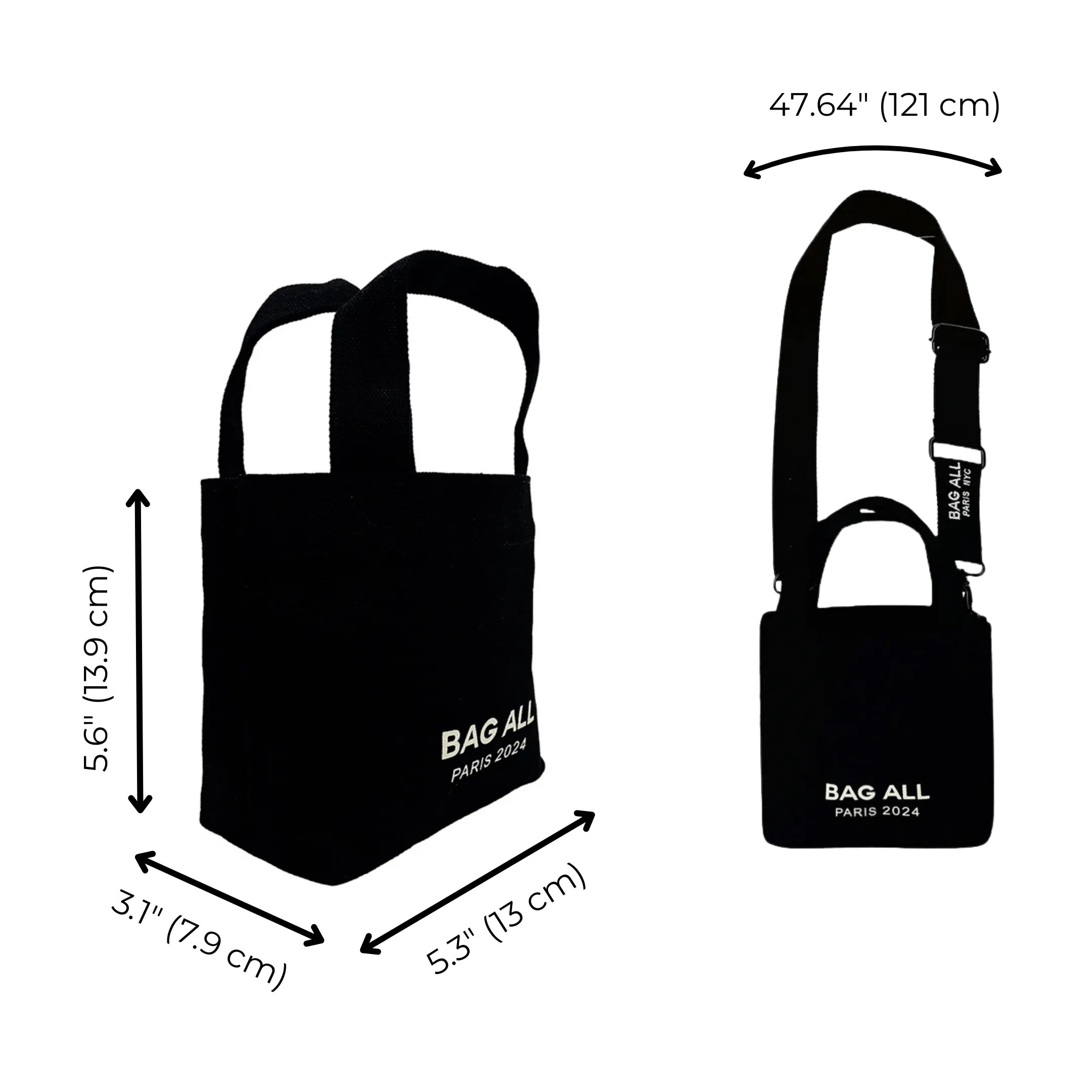 Mini Tote Bag with Strap and Inside Pocket, Black