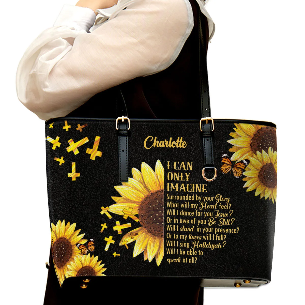 Personalized Large Leather Tote Bag I Can Only Imagine Sunflower And Cross - Spiritual Gifts For Christian Women