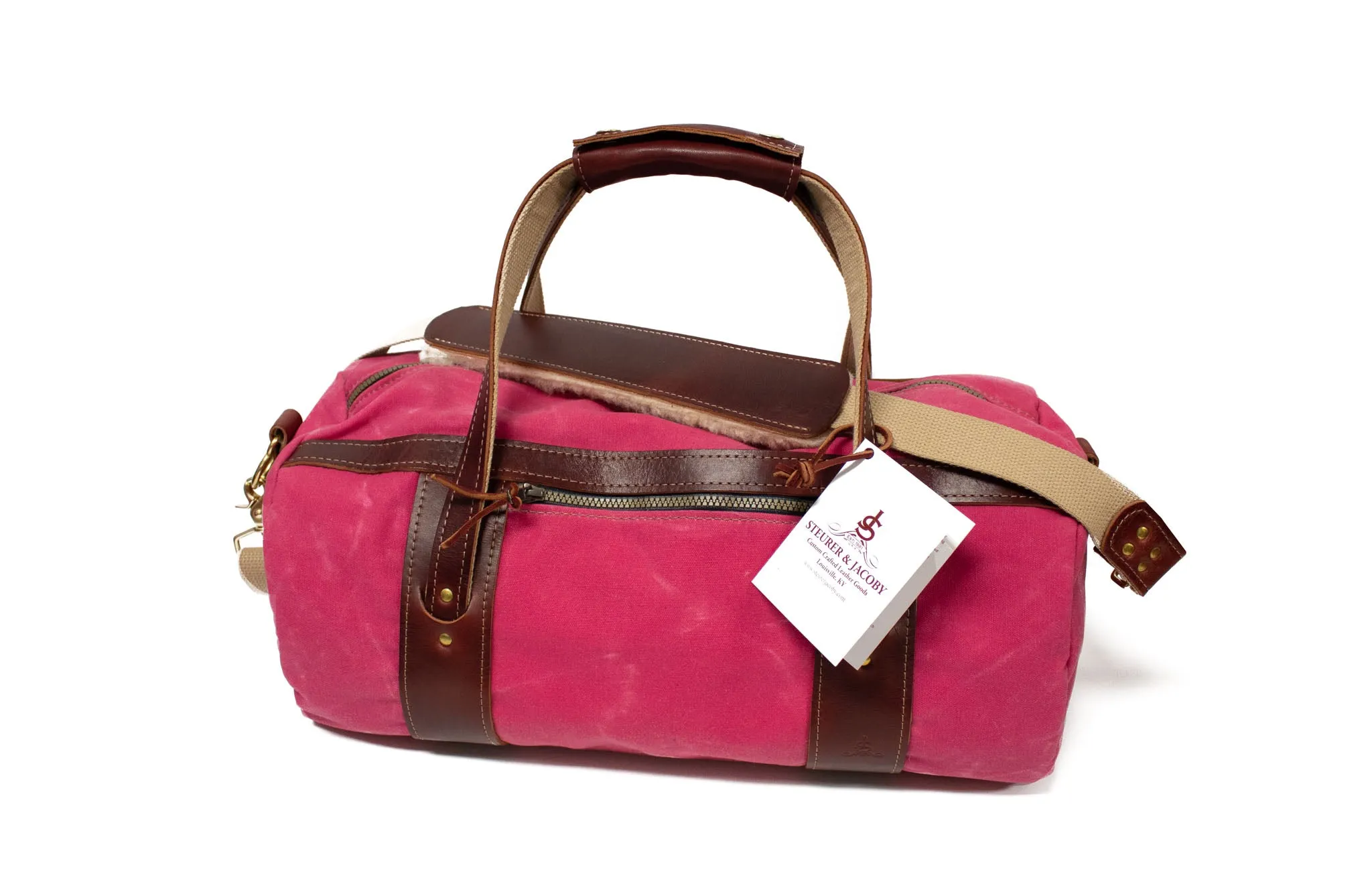 Pink Canvas and Burgundy Leather Club Duffel Bag